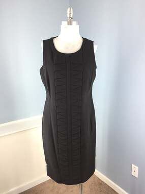 Calvin Klein Black Sleeveless Sheath Dress with Front Ruffle Pleat Detail Sz. 14